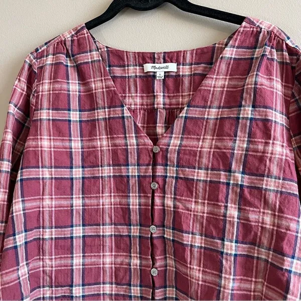 ✨ Madewell‎ V-Neck Button-Down Shirt in Stratfield Plaid Pink Small - Image 3