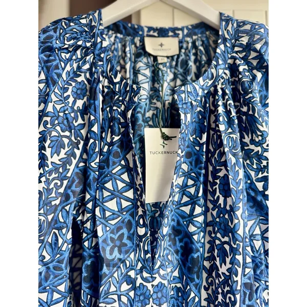 Tuckernuck NWT Womens XS Blue White Floral Cotton Tiered Maxi Dress Pockets - Image 14