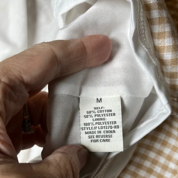 AURA Gingham Smocked Square Neck Midi Dress Beige White Puff Sleeve‎ Belted M - Image 8