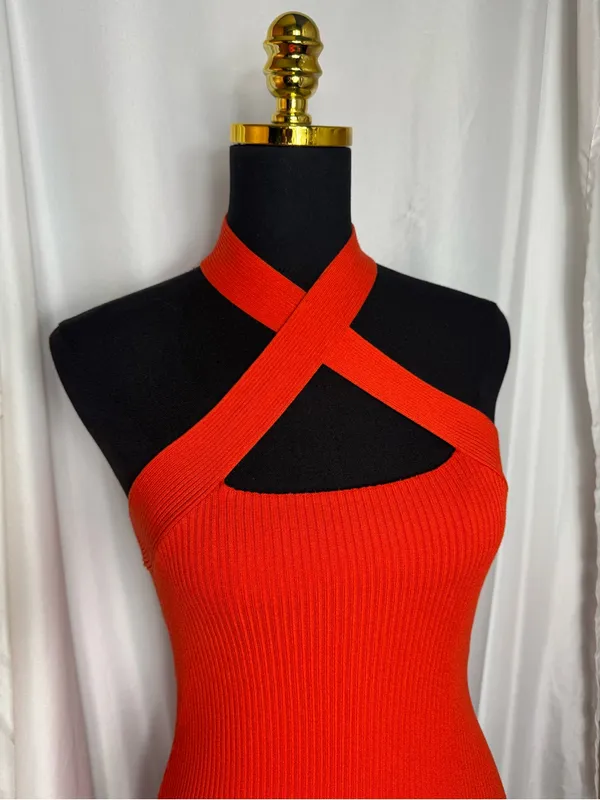 FOREVER 21 Orange Knit Criss Cross front Midi Dress S Sleeveless Ribbed NWT - Image 2