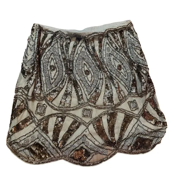 Free People Daydreaming Embellished Mini Beaded Skirt Antique Gold‎ Sz 0 - Image 9