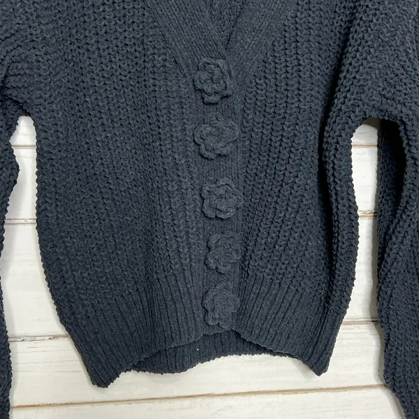 POL Chunky Knit Cardigan Sweater Small Black Flower Button Front Boho Textured - Image 9
