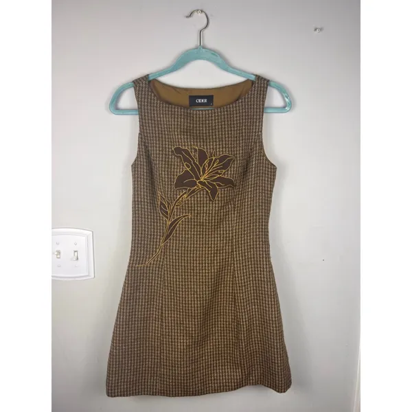 CIDER S Brown Tweed Floral Applique Sleeveless Mini Dress Cottagecore Academia - Image 2