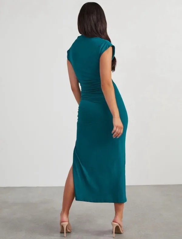 ✨VICI Elisabeth Mock Neck Side Slit Ruched Midi Teal Sz Medium Dress✨ - Image 6