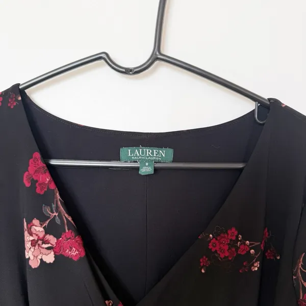 Lauren Ralph Lauren Womens Dark Floral Midi Dress Size 8 Ruched Stretch Comfort - Image 3