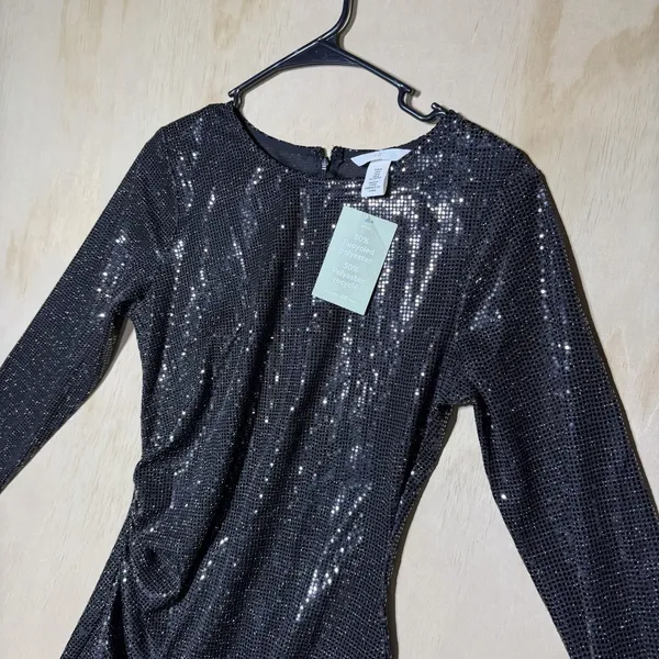 H&M Women's Medium Black Sequin Mini Dress Long Sleeve Ruched Bodycon Party NWT - Image 3