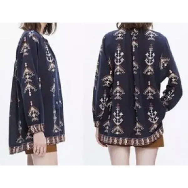 Madewell Women's Navy Embroidered Peasant Top‎ Size Medium Aztec Southwest Boho - Image 2