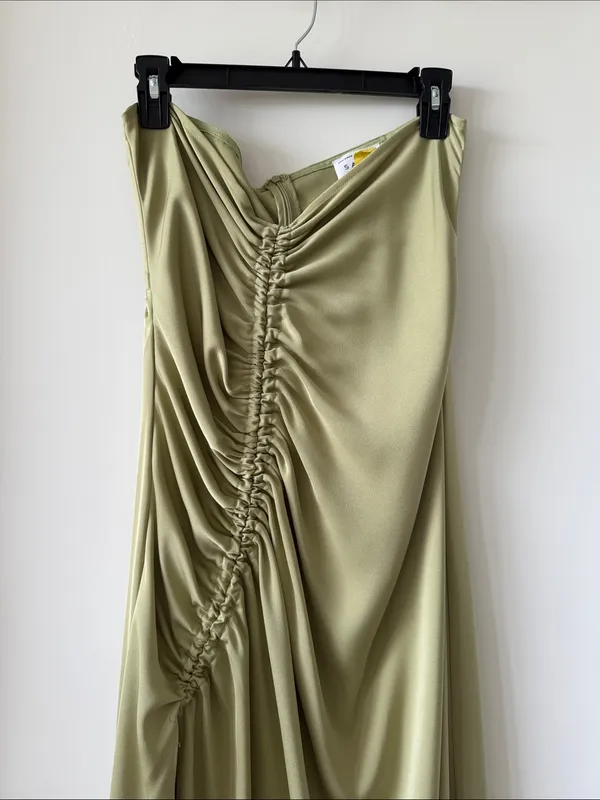 Sabo Skirt Olive Green Ruched Satin Maxi Dress - Image 2