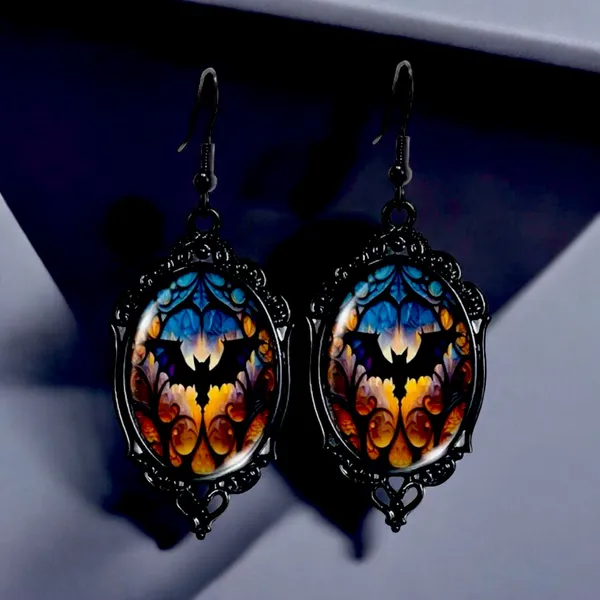 Vintage Cameo Style Gothic Bat Earrings‎ Glass Encased Alloy & Iron Hook - Image 6