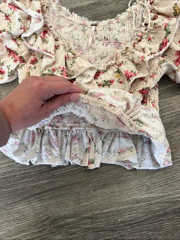 Free People favorite girl ruffle front smocked floral crop top cream medium - Image 8
