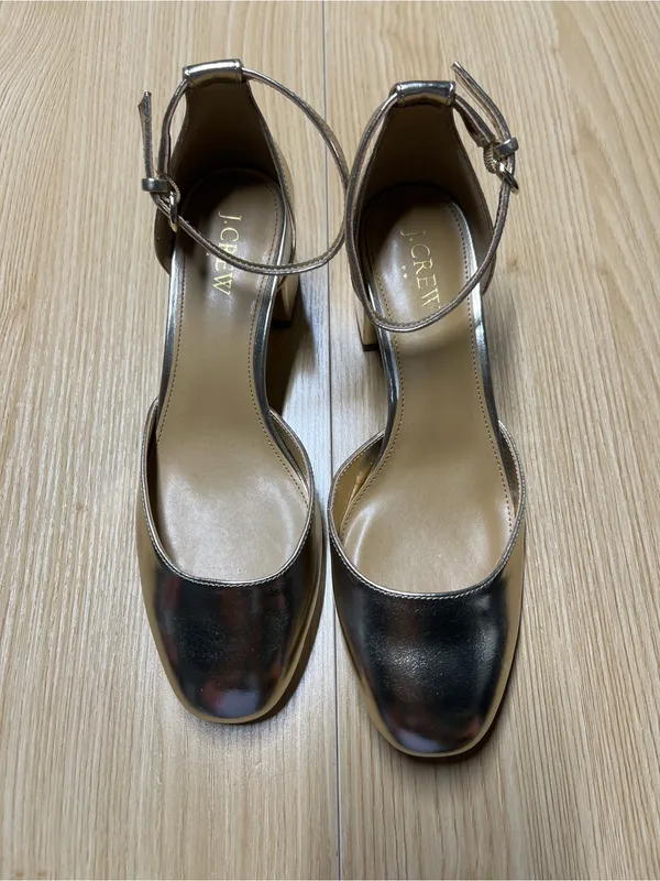 J.Crew Factory Gold Metallic Ankle Strap Block Heel Pumps Size 8 - Image 4