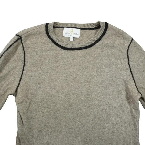 Joan Vass Cashmere Sweater‎ Women's Medium Tan Black Contrast Trim Crew Neck - Image 2
