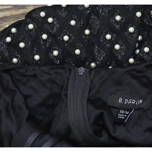 NWT B. Darlin Pearl-Embellished Bodycon Glitter Dress Black / White 13/14 - Image 7