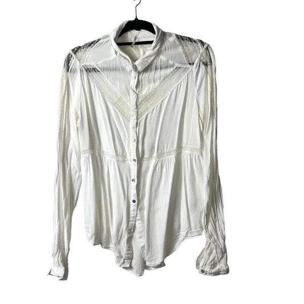 Free People White Lace Panel Rayon Gauze Button Down Blouse Small Boho Top - Image 3