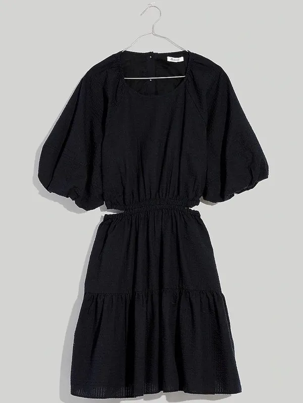 Madewell Seersucker Puff-Sleeve Cutout Mini Dress in Black size Medium - Image 4