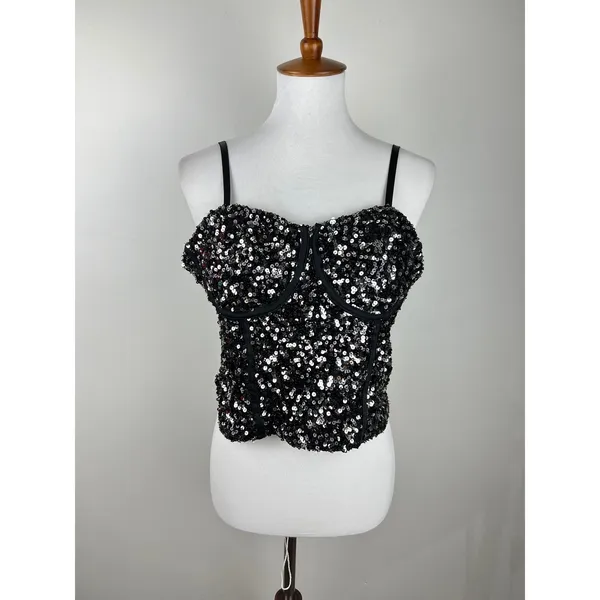 Sequin Corset Bustier Top Underwire Adjustable Straps Black Silver M Size M - Image 12