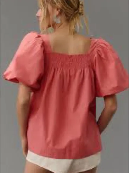 Maeve Anthropologie Puff-Sleeve Smocked Blouse Womens S Pink NWT - Image 2