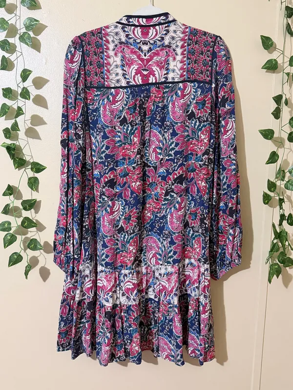Anthropologie Floral A-Line Dress Multicolor Tie Ruffle V-Neck Long Sleeve S - Image 6