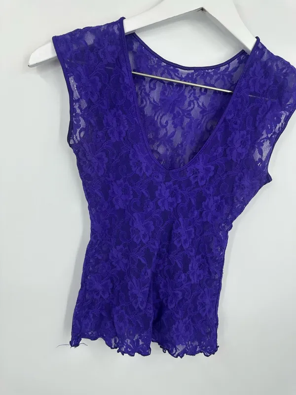 American Vintage Vintage Y2K Purple Lace Sheer Shirt Size Small V Neck Whimsical Fairycore - Image 6