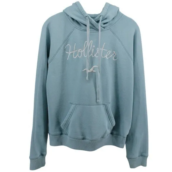 Y2K Hollister Baby Blue Spellout Hoodie Academia Preppy Comfort Coastal M - Image 2