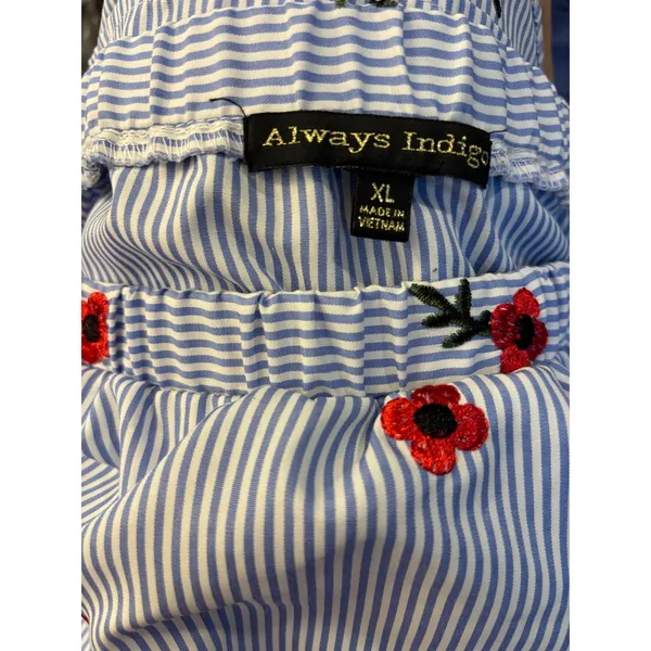 Always Indigo Womens XL Blue White Striped Poppy Floral Off Shoulder Blouse Top - Image 6