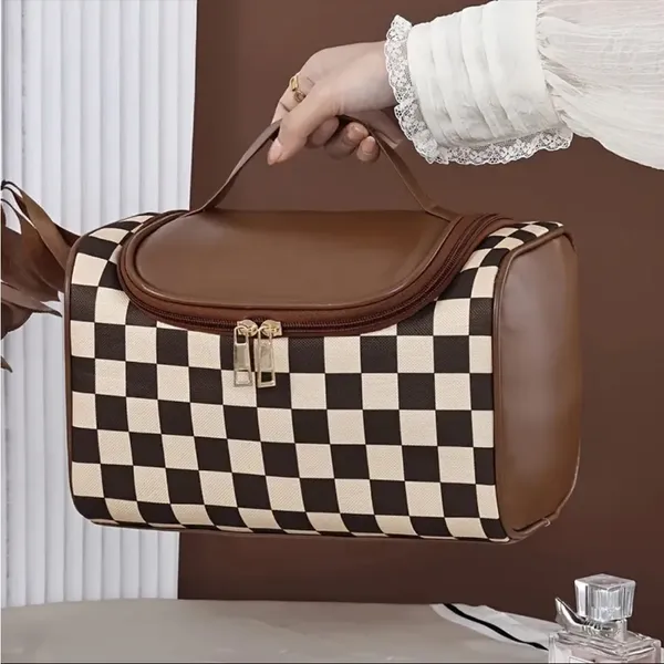 Brown Checker Faux Leather Cosmetic Makeup Bag Boxy Travel Case NWT - Image 6