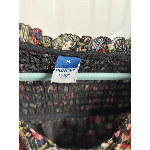 Old Navy Floral Metallic Lurex Smocked Womens Size‎ M Black Boho Peasant Top - Image 3