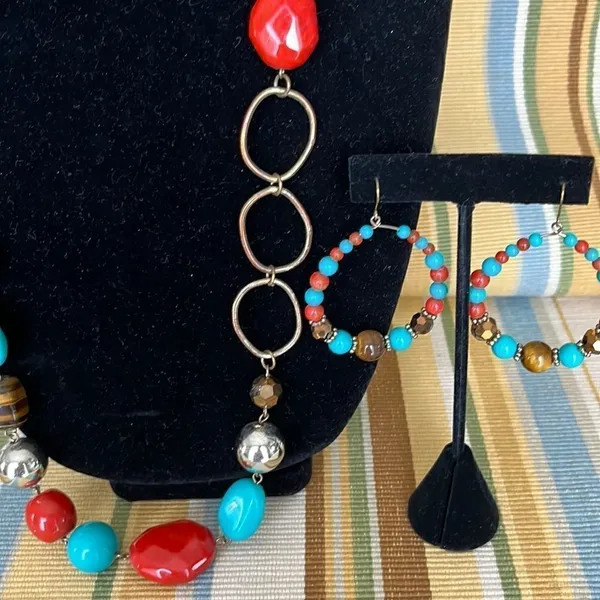 Chunky Turquoise Orange Beaded Rustic Necklace and Earrings Bohemian Jewelry Set - Image 4