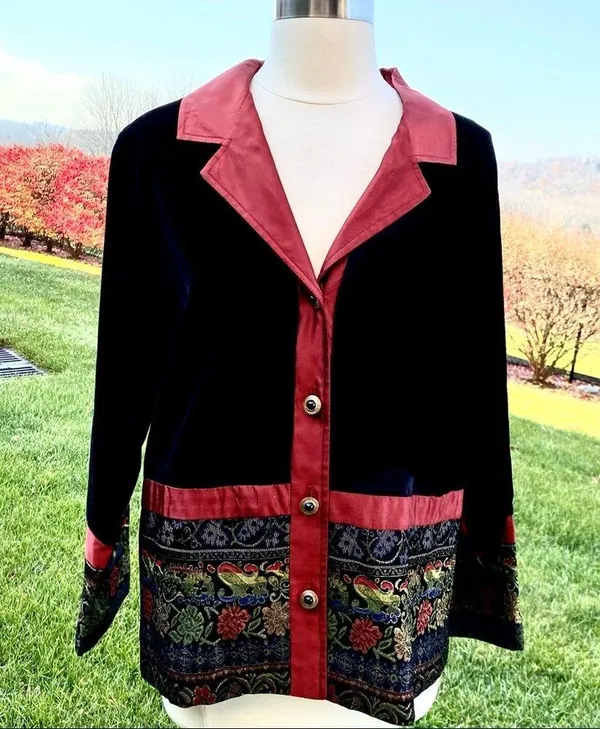 Coldwater Creek Small Jacket Velvet Button Front Black Wine Tapestry Holiday - Image 3