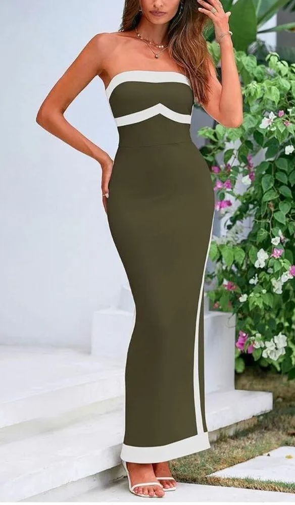 PRETTYGARDEN NEW Olive Green Bodycon Strapless Slit Cocktail Party Tube Maxi Dress S - Image 7
