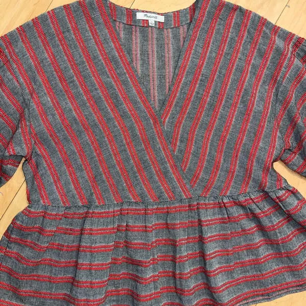 Madewell Striped Bubble-Sleeve Peplum Top V-Neck Size L - Image 7