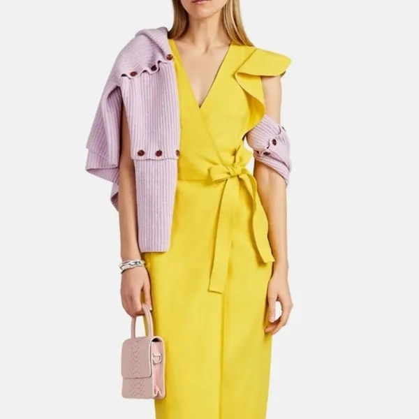 A.L.C. Walker Yellow Linen Blend Wrap Midi Dress Ruffle Sleeve Size 4 - Image 5