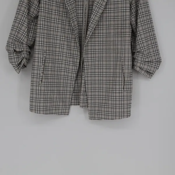 Rachel Zoe Blazer Women's Medium Grey White Open Ruched Sleeve Plaid Classic - Image 3