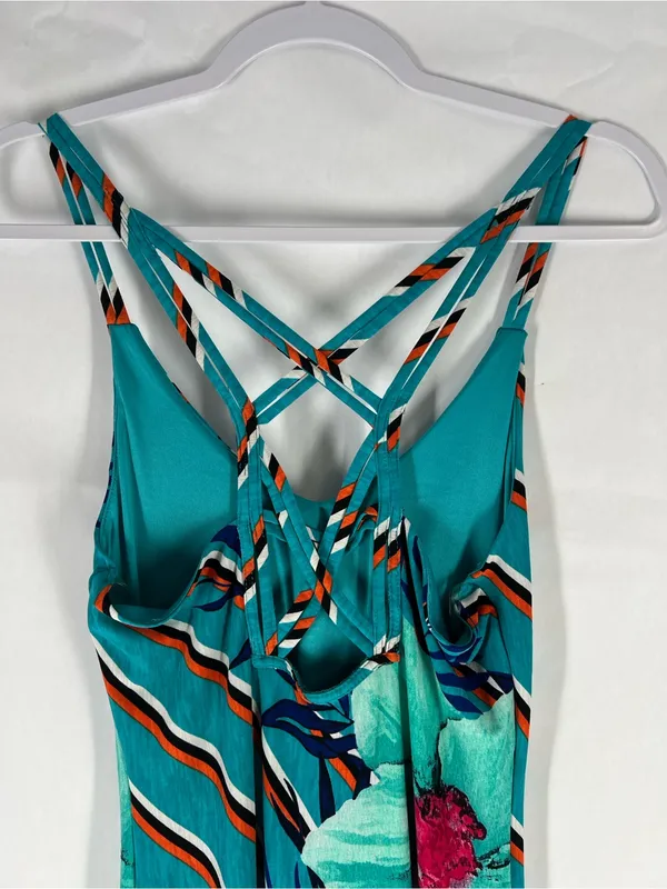 Tropical Floral Striped Crisscross Back Maxi Dress Medium‎ Side Slit - Image 9