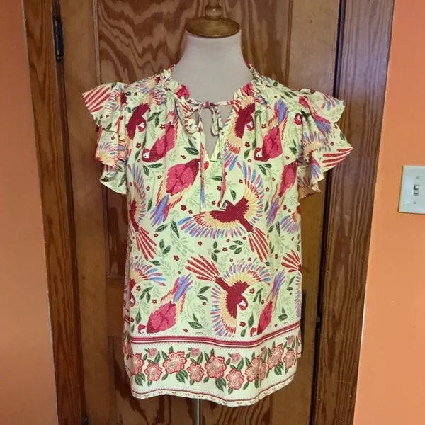 Rachel Roy Boho Parrot Print Flutter Sleeve Blouse Small Colorful Bohemian Top - Image 11