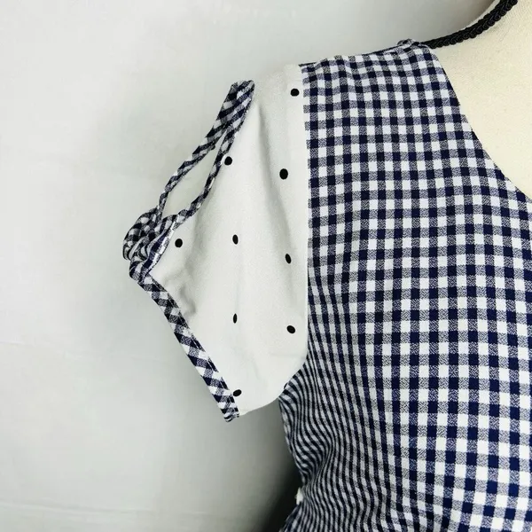 Zara Dress Size M Blue White Gingham Check Shift Short-Sleeve Tie Back - Image 5