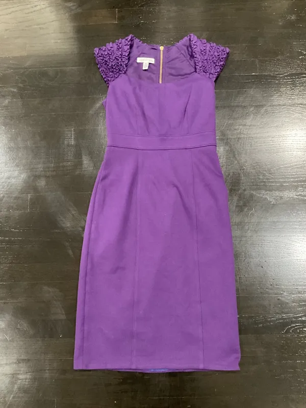 London Times Purple‎ Sheath Dress With Ruffled Cap Sleeves - Image 8