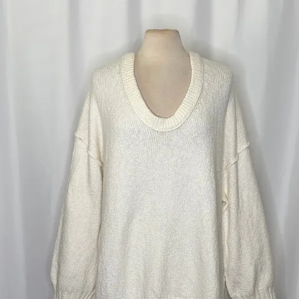 FREE PEOPLE‎ Brookside Tunic Sweater Ivory Slouchy Solid Knitwear Scoop Large - Image 3