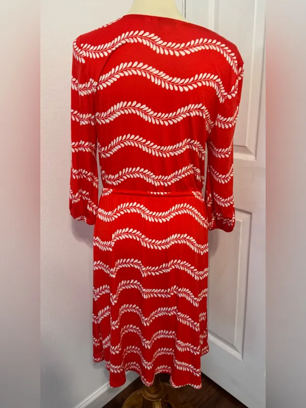 BODEN Talia Red Jersey Dress Leaf Striped Print 3/4 Sleeves Drawstring Waist 8 - Image 4