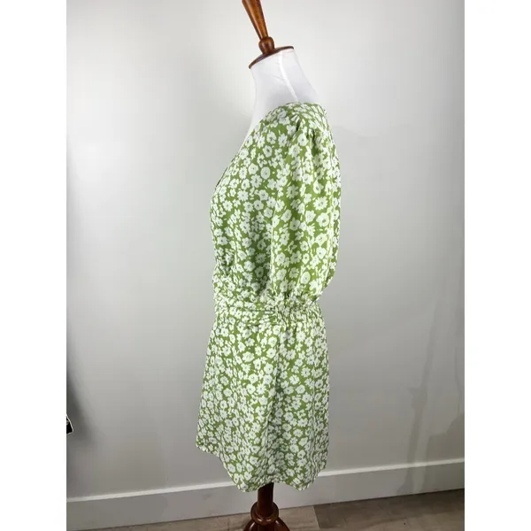 Heartloom Green Floral Wrap Front Romper Puff Sleeve Pockets Large - Image 14