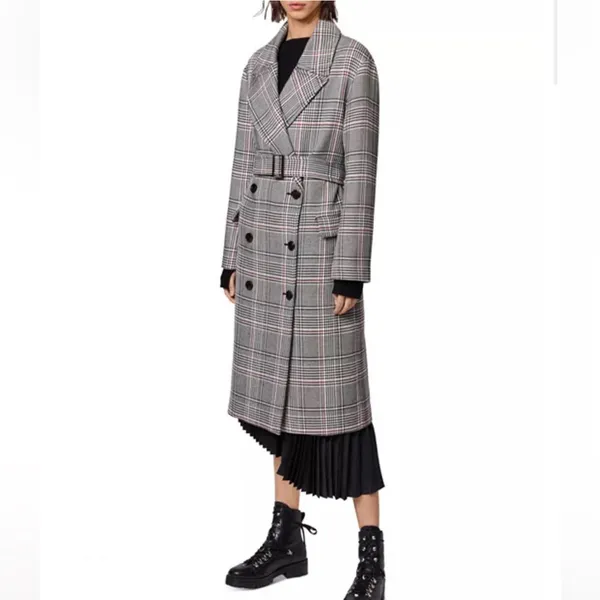 All Saints Tyla Check Plaid Wool Blend Belted Long Trench Coat - Image 16