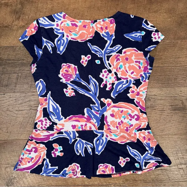 Lilly Pulitzer Navy Floral Alene Knit Peplum T-Shirt in Pom Poms - Image 8
