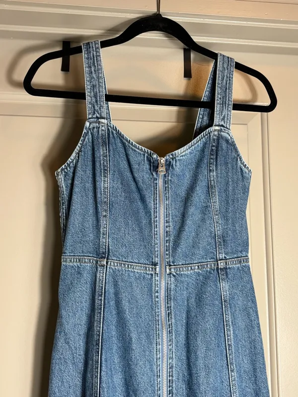 GAP Denim Maxi Dress XXS Front Zip Smocked Back Medium Wash - Image 2
