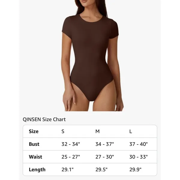 QINSEN‎ Women's Small Crew Neck Short Sleeve Bodysuit Double Lined Shirt Brown - Image 3