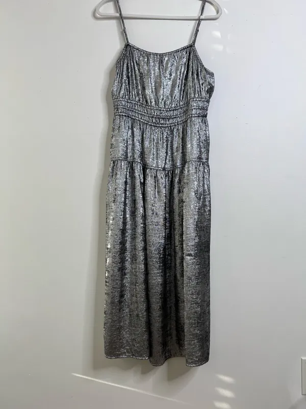 Y2K Metallic Boho Smocked Waist defined Midi Dress L Party Prom Graduation Glam - Image 3
