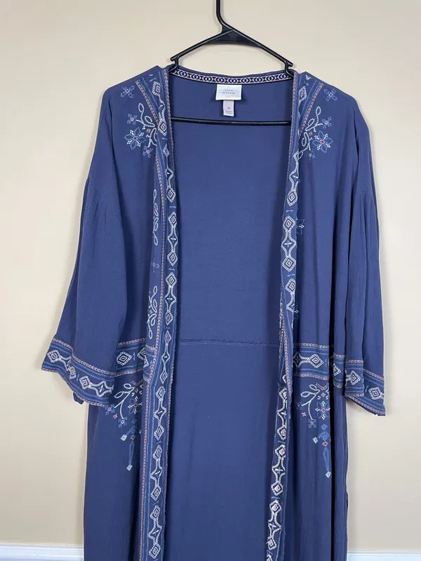 Knox Rose Women’s Boho Embroidered Cross Stitch Blue Kimono Cardigan - Image 2