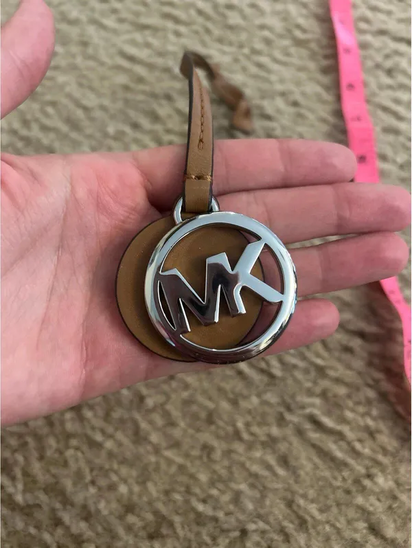 10" MICHAEL KORS 1 5/8" MK silver TONE BAG CHARM w/ BROWN LEATHER - Image 3