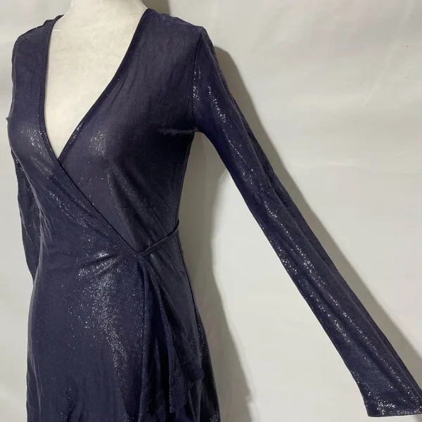 & Other Stories Sheer Metallic Long Sleeve Midi Wrap Dress Navy Blue Size 2 - Image 8