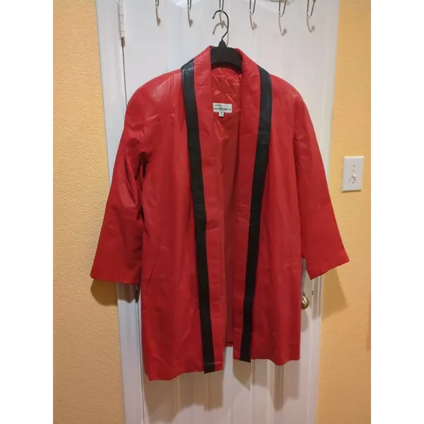 Tibor Womens Leather Coat Jacket Trench 80s Medium Red Long Vintage Korea - Image 5