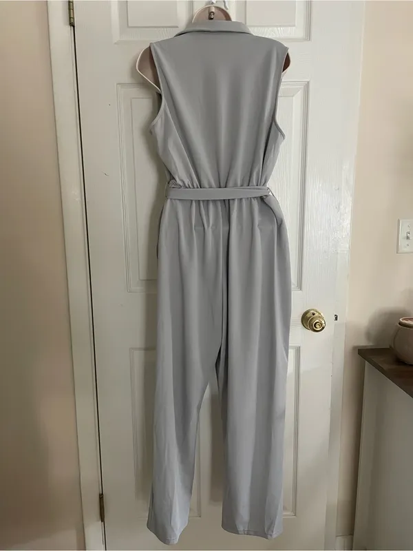 HALARA Sleeveless Light Gray Wrap Jumpsuit with Self-Tie Belt - Image 2